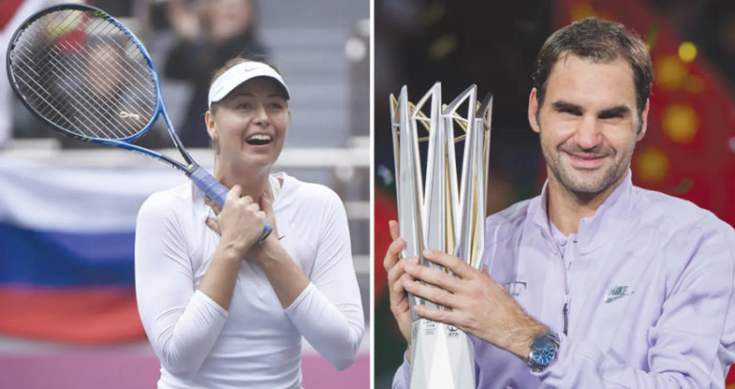 فيدرر يحتفل بكأس بطولة شنغهاي (أ.ف.ب)  -  شارابوفا بعد فوزها في نهائي دورة تيانجين (أ.ف.ب)