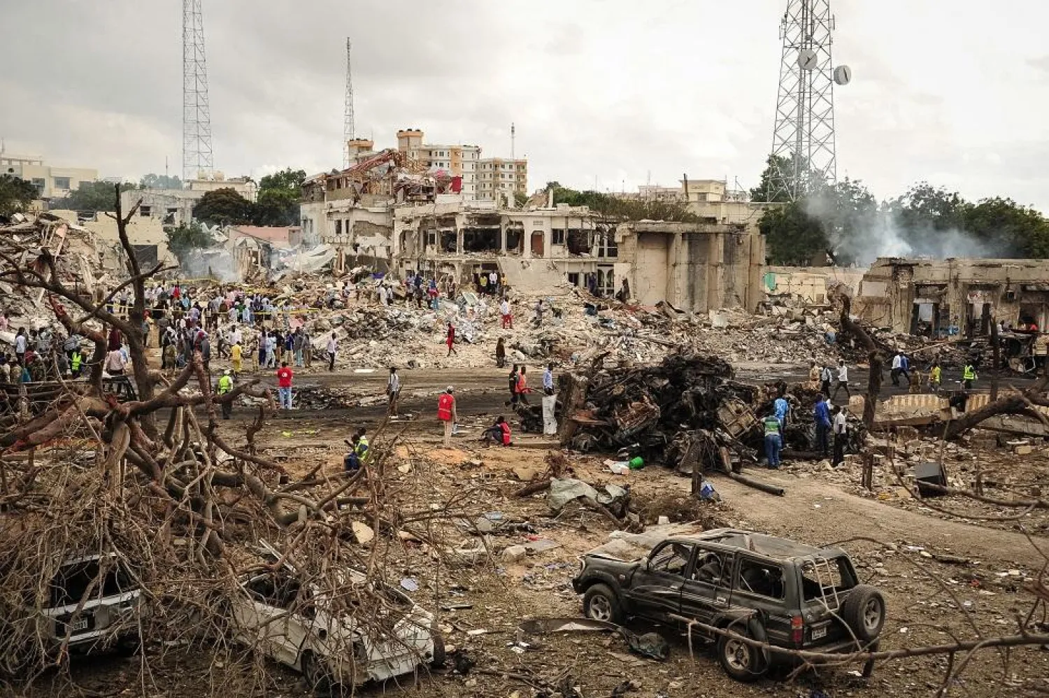 A picture taken on October 15, 2017 shows a general view of the scene of the explosion of a truck bomb in the center of Mogadishu. Mohamed Abdiwahab/AFP 