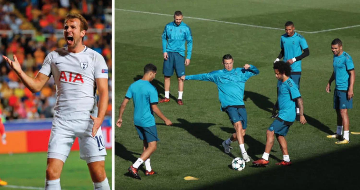 رونالدو نجم ريـال مدريد يسيطر على الكرة وسط زملائه في تدريبات أمس (رويترز)  -  هاري كين ورقة توتنهام الرابحة (أ.ف.ب)