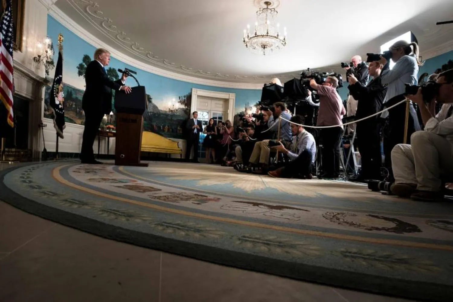 US President Donald Trump speaks about the Iran deal in the Diplomatic Reception Room of the White House on Friday. AFP photo