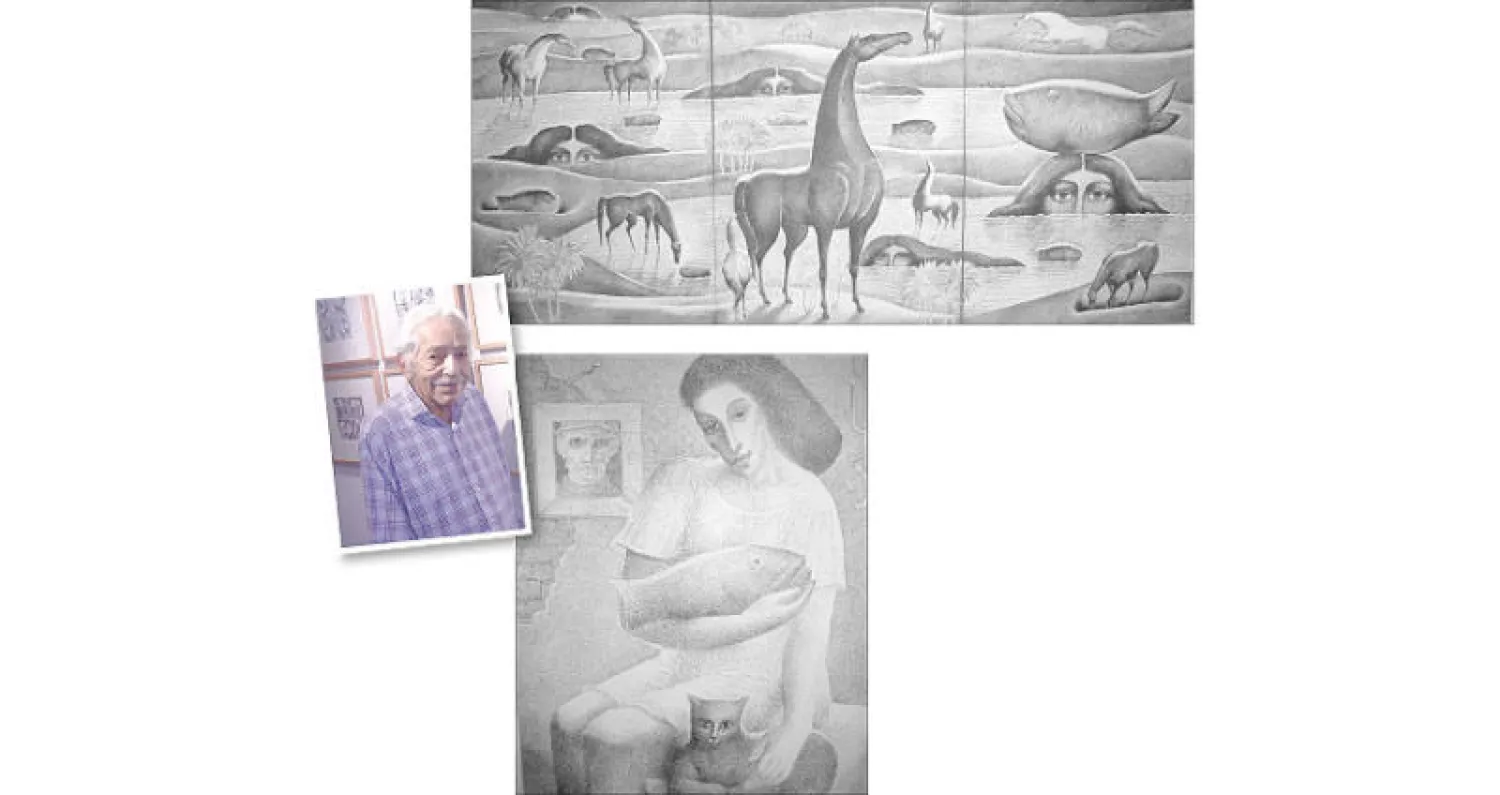 صورة من المعرض... وفي الاطار الفنان والنحات آدم حنين في افتتاح معرض جميل شفيق  - من اعمال شفيق («الشرق الأوسط»)