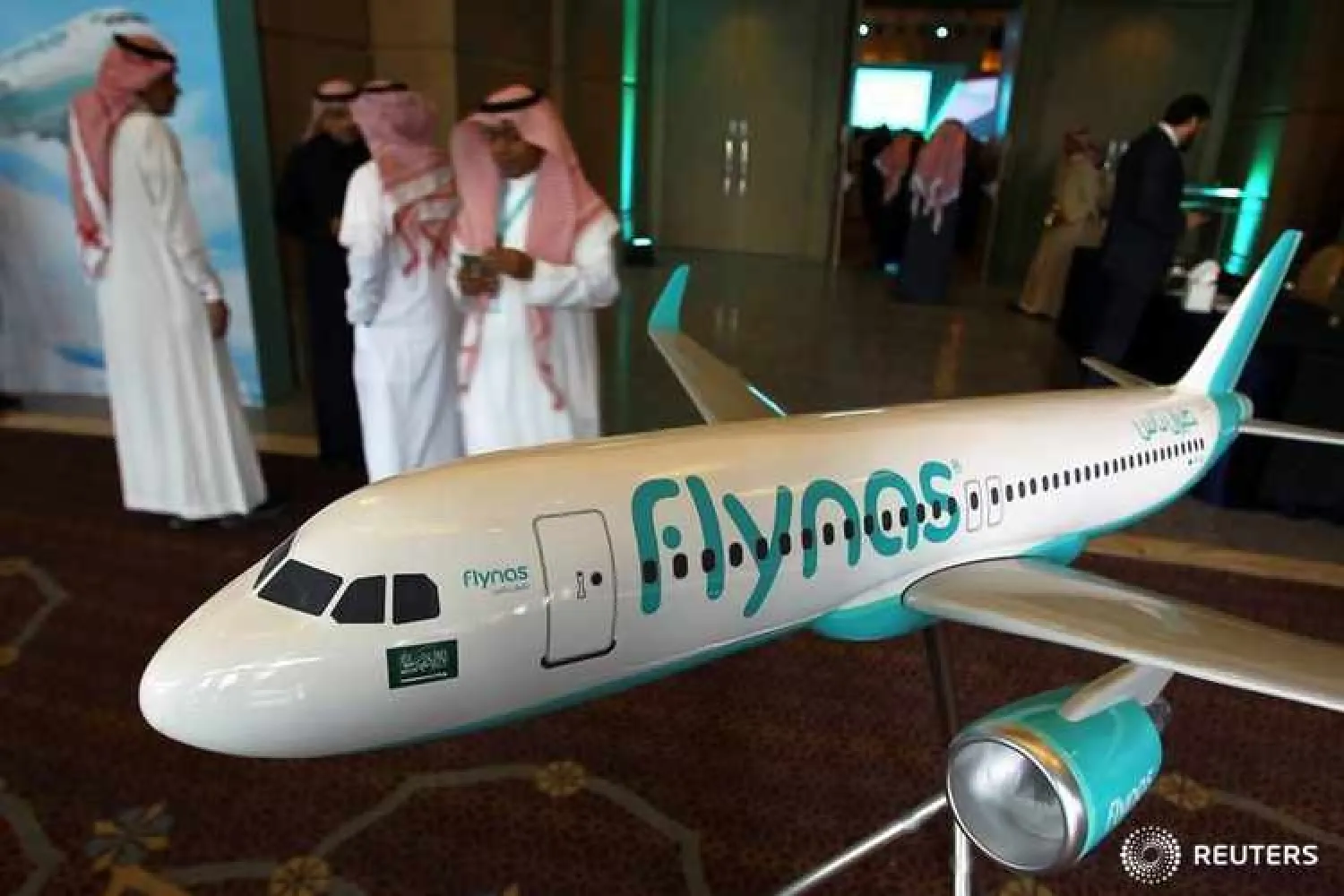 A model of Saudi airline Flynas is on display during a ceremony to sign a deal between Airbus and Flynas in Riyadh, Saudi Arabia January 16, 2017. REUTERS/Faisal Al Nasser