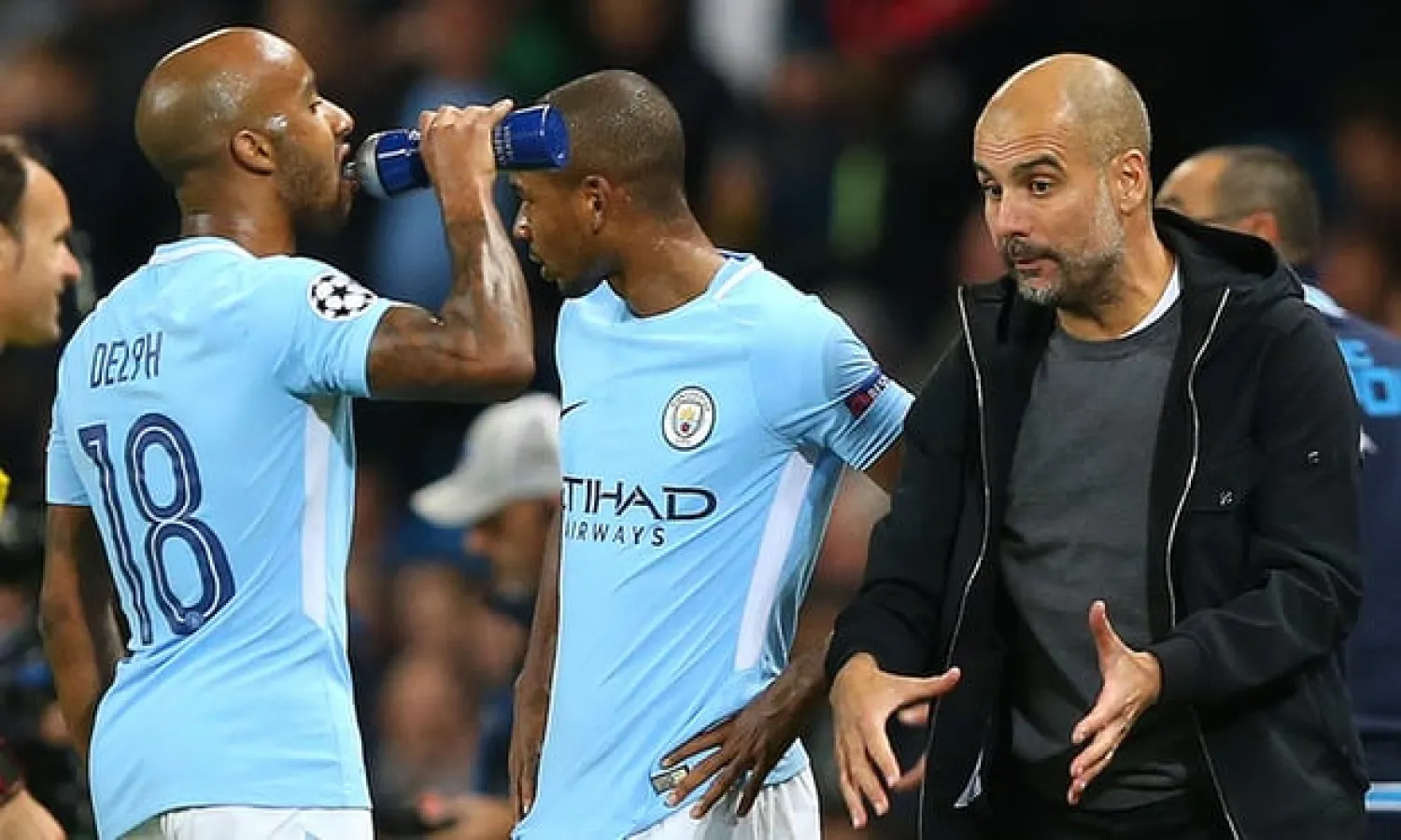  Fabian Delph and the rest of Manchester City’s defenders are encouraged to play out from the back under Pep Guardiola, right. Photograph: Paul Greenwood/CameraSport via Getty Images
 