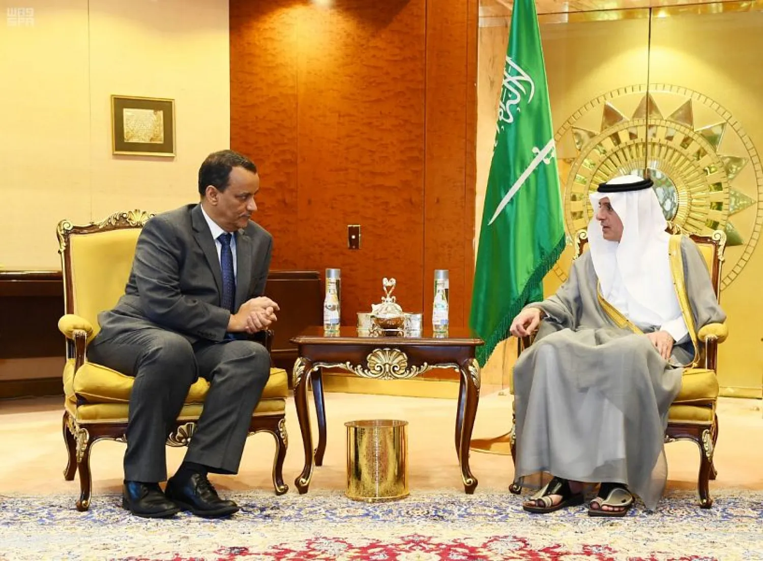 Saudi Foreign Minister Adel al-Jubeir meets with UN Special Envoy for Yemen Ismail Ould Cheikh Ahmed. SPA photo
