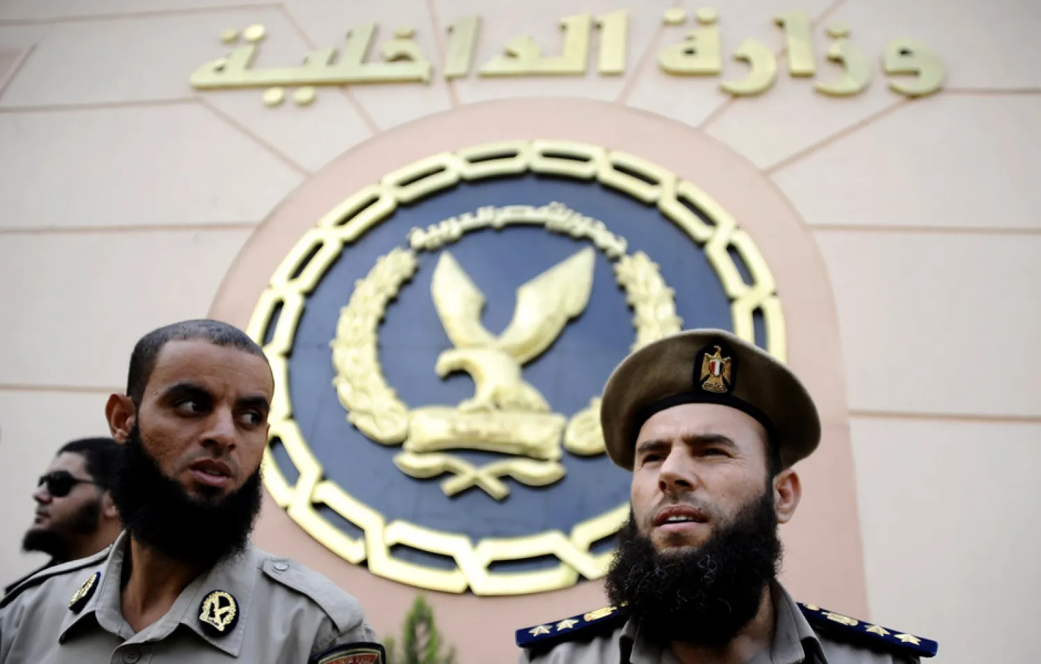 A group of bearded policemen takes part in a protest in uniform in front of Interior Ministry building in Cairo. Reuters