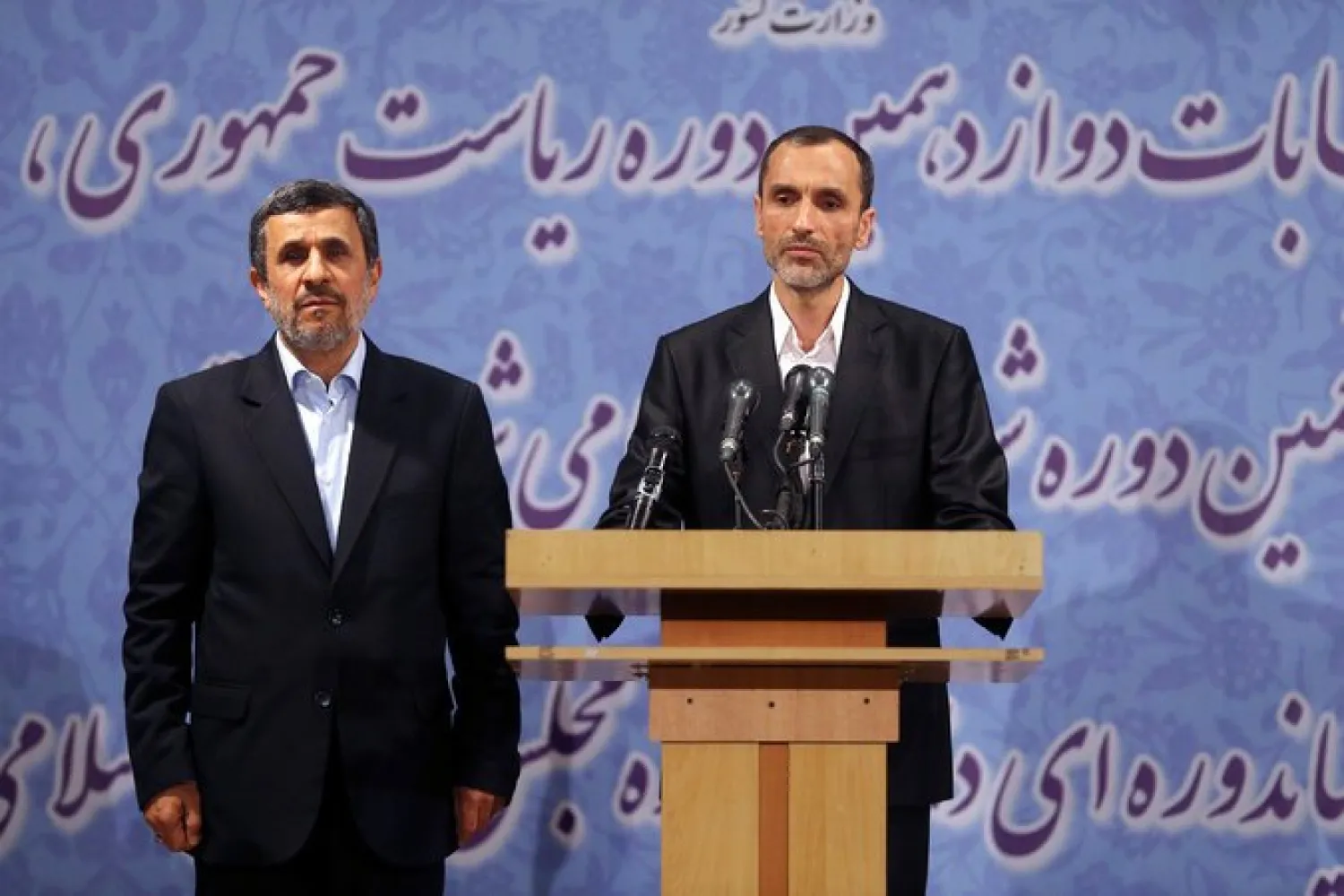 Former President Mahmoud Ahmadinejad of Iran, left, and his close ally Hamid Baghaei at a news conference. AP file photo 