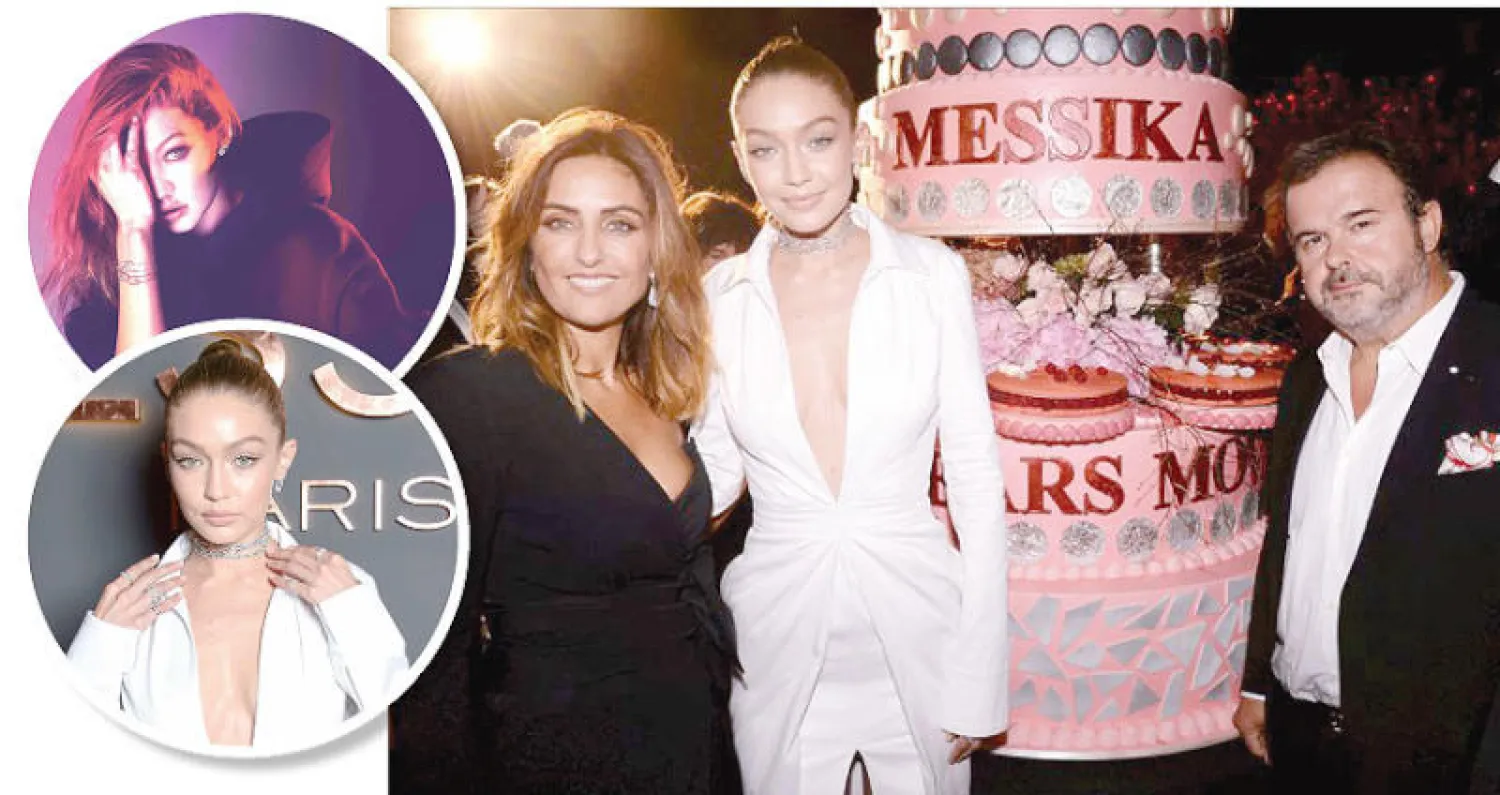 فاليري ميسيكا مع جيجي حديد وبيير هيرميه الذي صنع كعكة الاحتفال - جيجي حديد كما ظهرت في الحملة الإعلانية للمجموعة التي ساهمت في تصميمها - جيجي حديد في مجوهرات من المجموعة