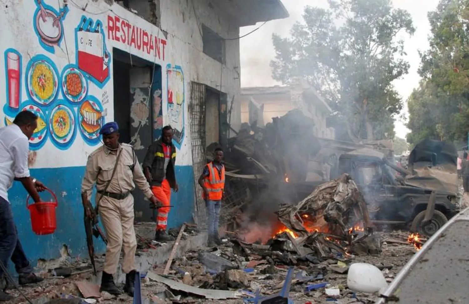 Footage of a suicide car bomb explosion, at the gate of Naso Hablod Two Hotel in Hamarweyne district of Mogadishu, Somalia October 28, 2017. REUTERS