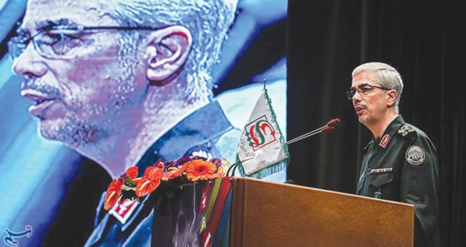 رئيس الأركان محمد باقري خلال مشاركته في مؤتمر للدفاع المدني في طهران أمس (تسنيم)