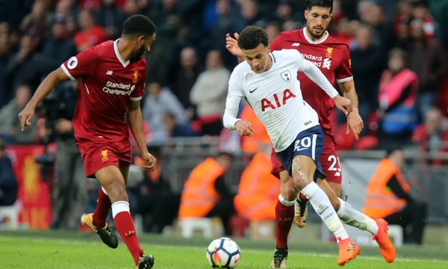  Dele Alli gets the better of Emre Can, as Spurs swept Liverpool aside at Wembley. Photograph: TGSPhoto/REX/Shutterstock
 