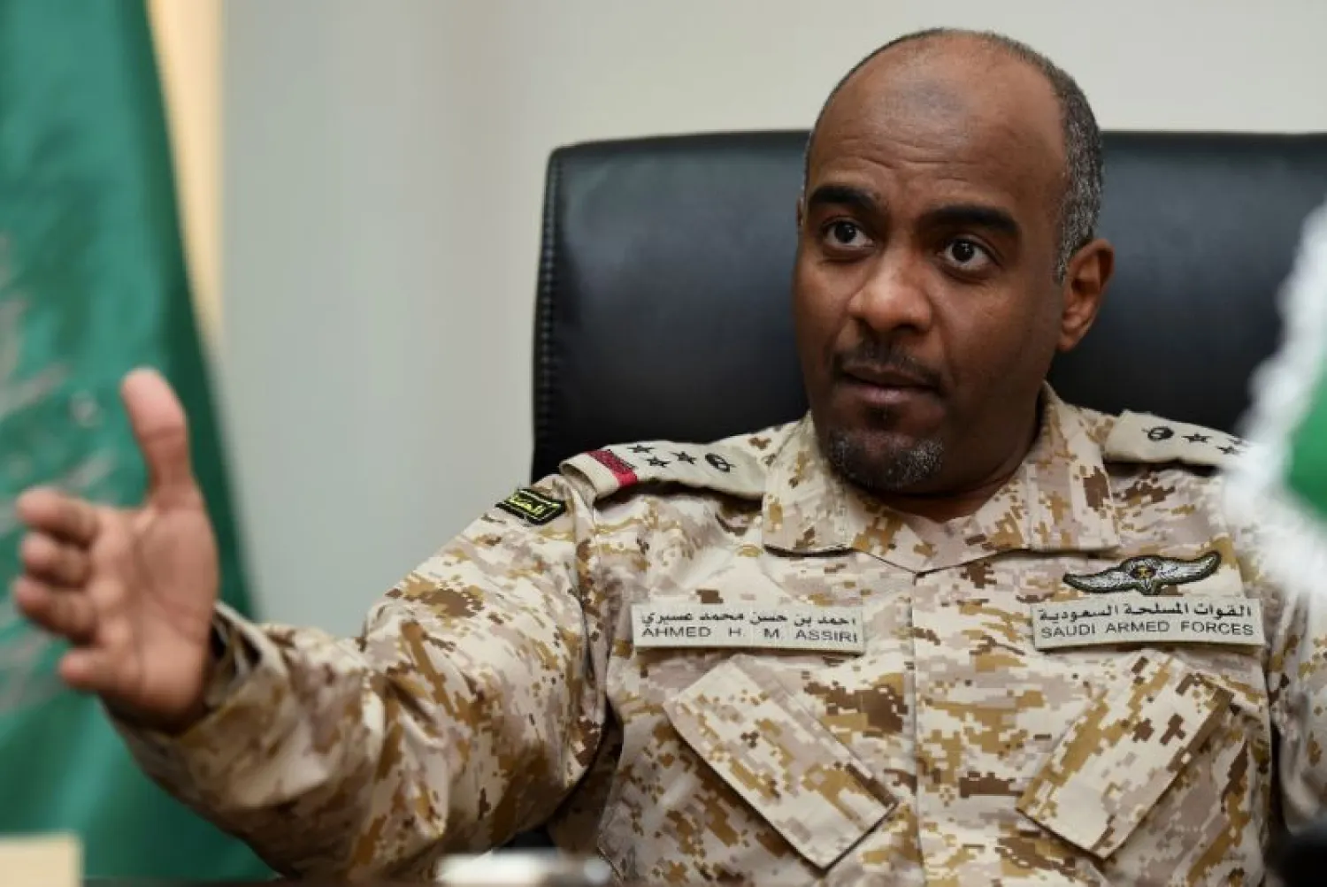 Saudi Brigadier General Ahmed Assiri, spokesman for the Saudi-led coalition forces fighting rebels in Yemen, gives an interview to AFP at the King Salman airbase in central Riyadh, on March 16, 2016 (AFP Photo/FAYEZ NURELDINE) 