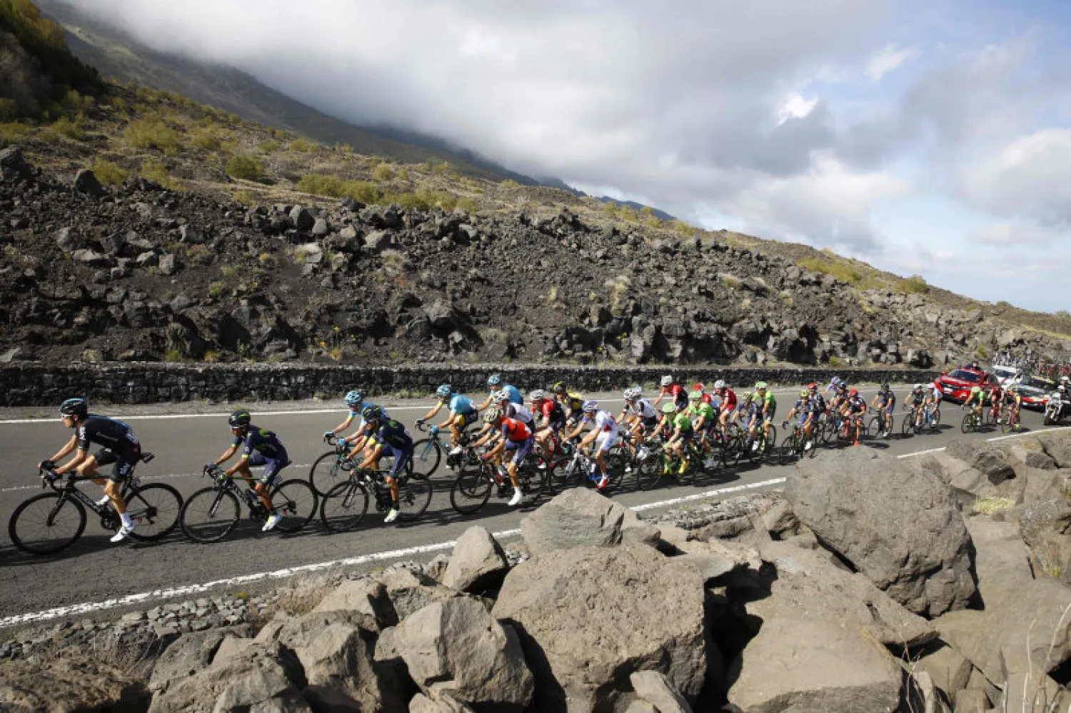 Riders climb in direction of the Mount Etna during the 4th stage of the 100th Giro d’Italia, Tour of Italy, cycling race from Cefalu to Etna volcano, on May 9, 2017 in Sicily. Slovenian Jan Polanc of team UAE conquered the prestigious Giro d’Italia fourth stage to Mount Etna today as Luxembourg’s Bob Jungels took the race leader’s pink jersey. (Luk Benies/AFP/Getty Images)
