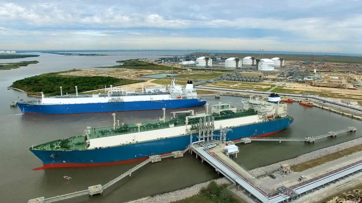 Ships at Cheniere Energy’s Sabine Pass terminal being loaded with liquefied natural gas. Credit Cheniere