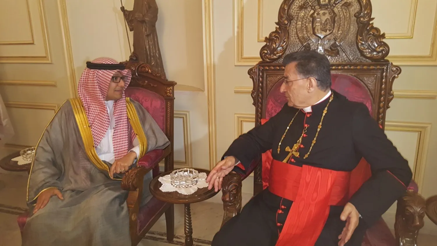 Saudi Charge d’Affaires Walid al-Bukhari and Maronite Patriarch Beshara al-Rahi during their meeting on Wednesday. NNA photo