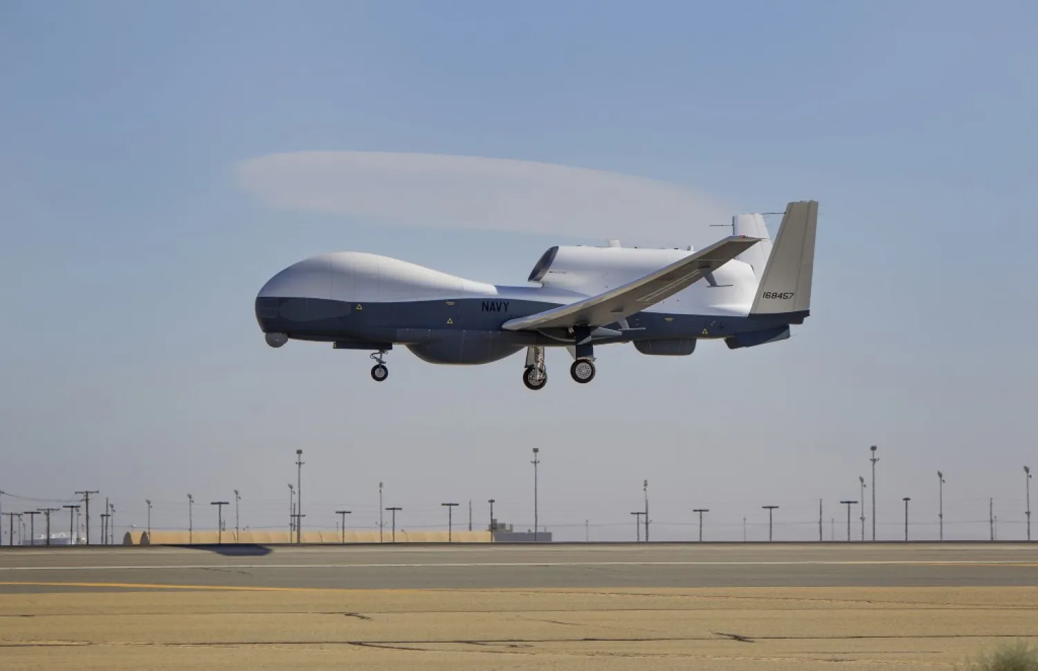 The Triton unmanned aircraft system completing its first flight from the Northrop Grumman manufacturing facility in Palmdale, California, May 22, 2013. U.S. Navy photo courtesy of Northrop Grumman/Alex Evers/Handout via Reuters