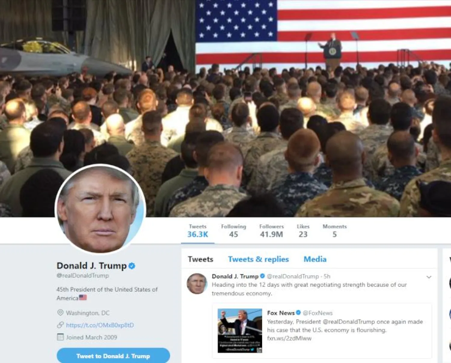 صورة من الحساب الشخصي للرئيس الأميركي دونالد ترمب على «تويتر» (موقع تويتر)