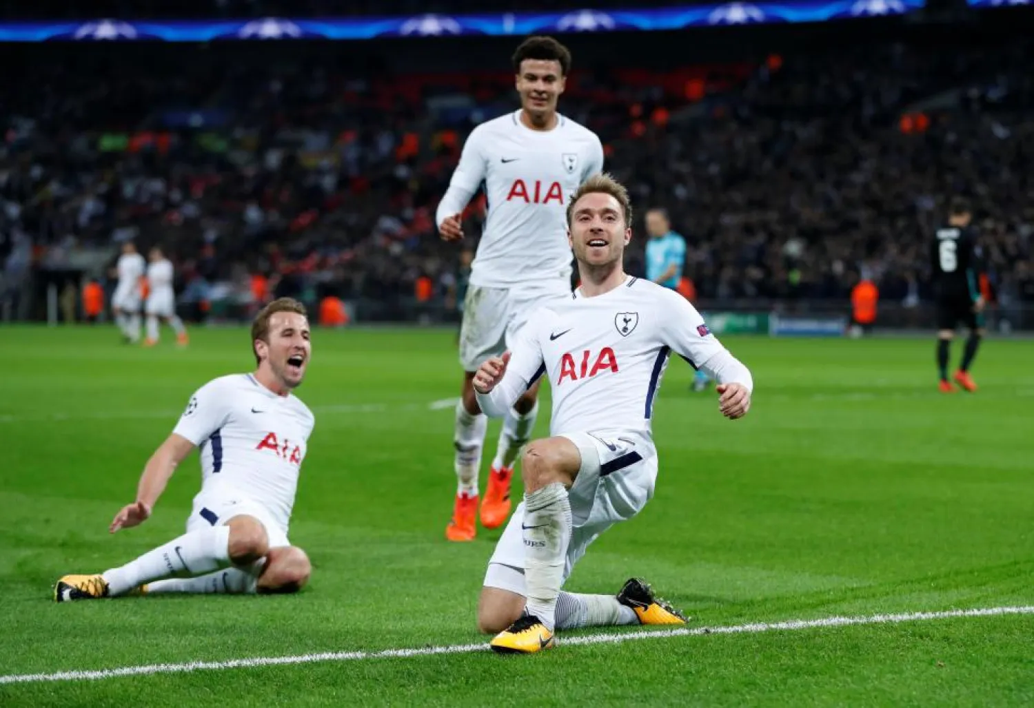 Christian Eriksen celebrates after helping Tottenham produce an historic win over Real Madrid. (Reuters)