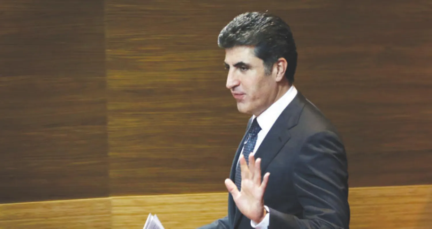 نيجيرفان بارزاني يتحدث في مؤتمر صحافي بأربيل أمس (أ.ف.ب)