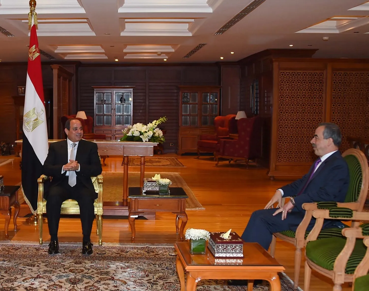 Egyptian President Abdul Fattah al-Sisi sits for an interview with Asharq Al-Awsat Editor-in-Chief Ghassan Charbel. (Asharq Al-Awsat)