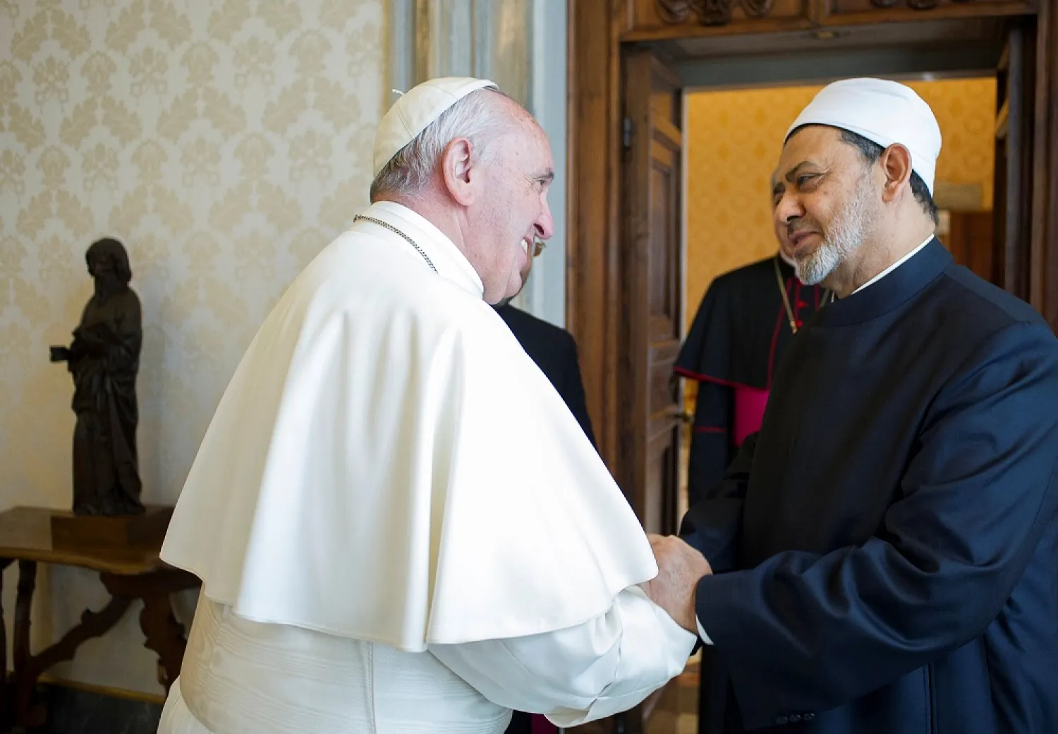 Pope Francis greets Ahmed el-Tayeb, grand imam of Egypt's al-Azhar mosque and university, during a private meeting in 2016 at the Vatican. (Reuters)
