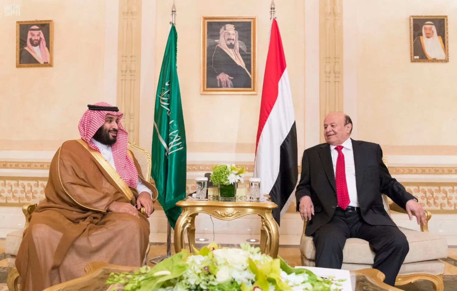 Saudi Crown Prince Mohammed bin Salman with the President of the Republic of Yemen Abdrabbuh Mansour Hadi. SPA
