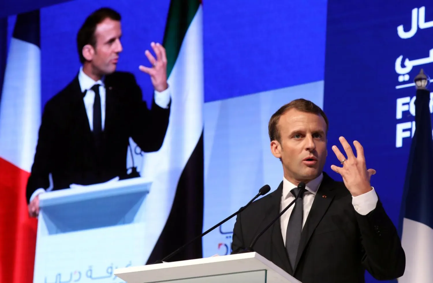 French President Emmanuel Macron delivers a speech at Dubai's Chamber of Commerce in Dubai, UAE, November 9, 2017. REUTERS/Ludovic Marin/Pool