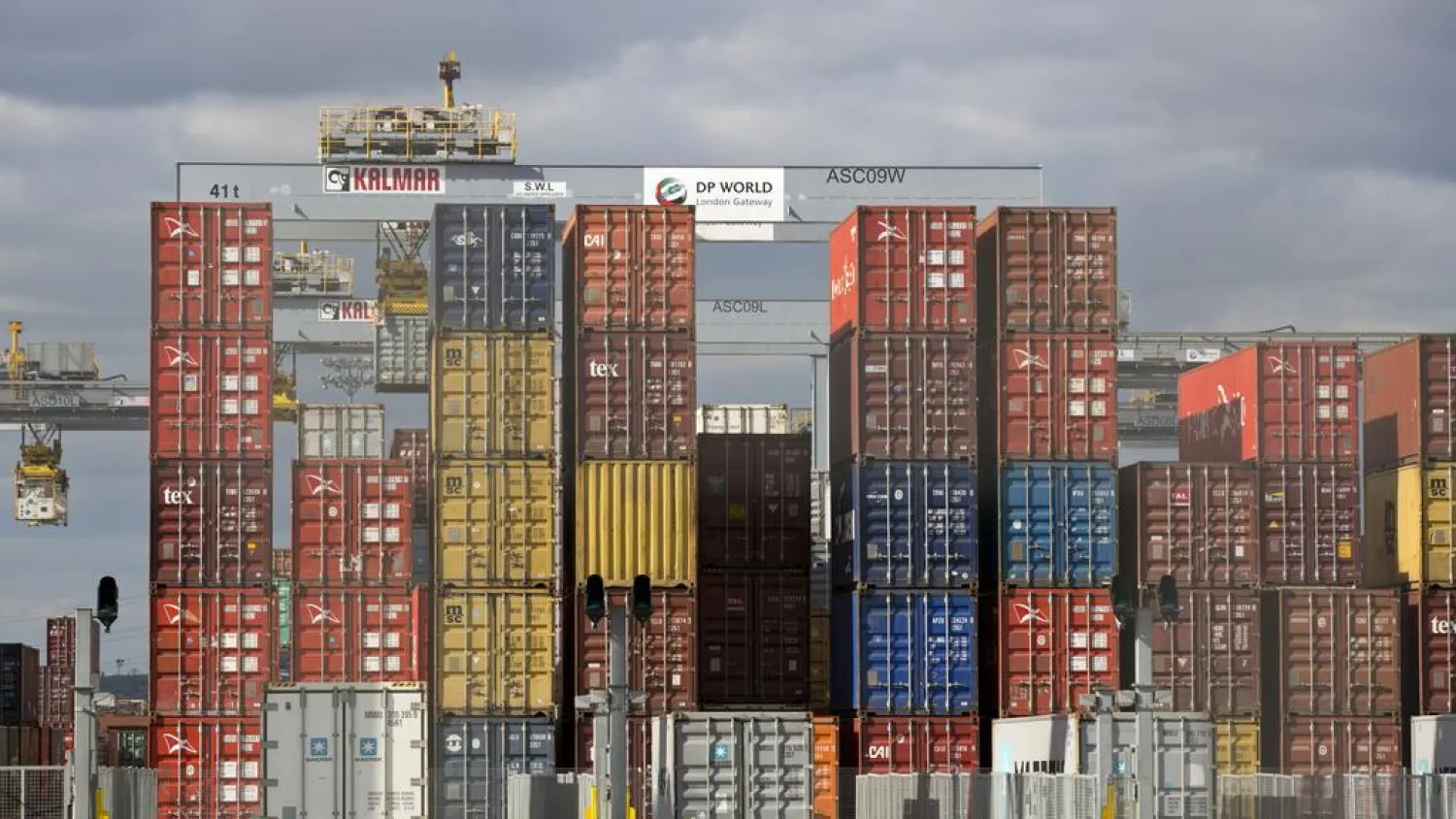 Shipping containers sit on the docks at DP World’s London Gateway container port. Isabel Infantes / AFP