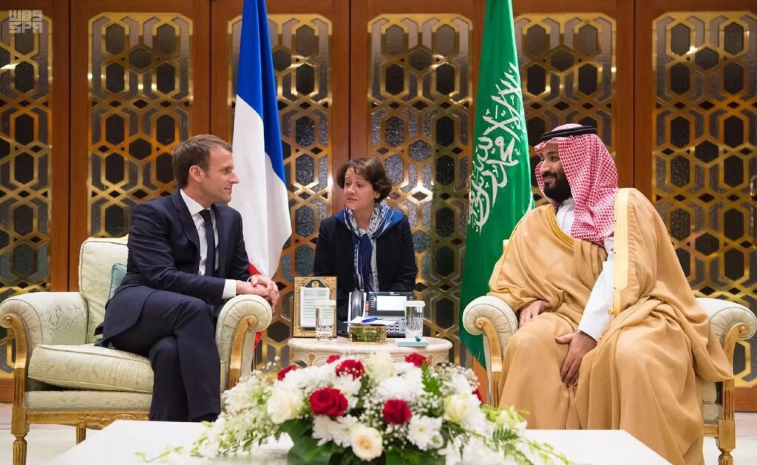 Saudi Crown Prince Mohammed bin Salman bin Abdulaziz meets with French President Emmanuel Macron. SPA photo