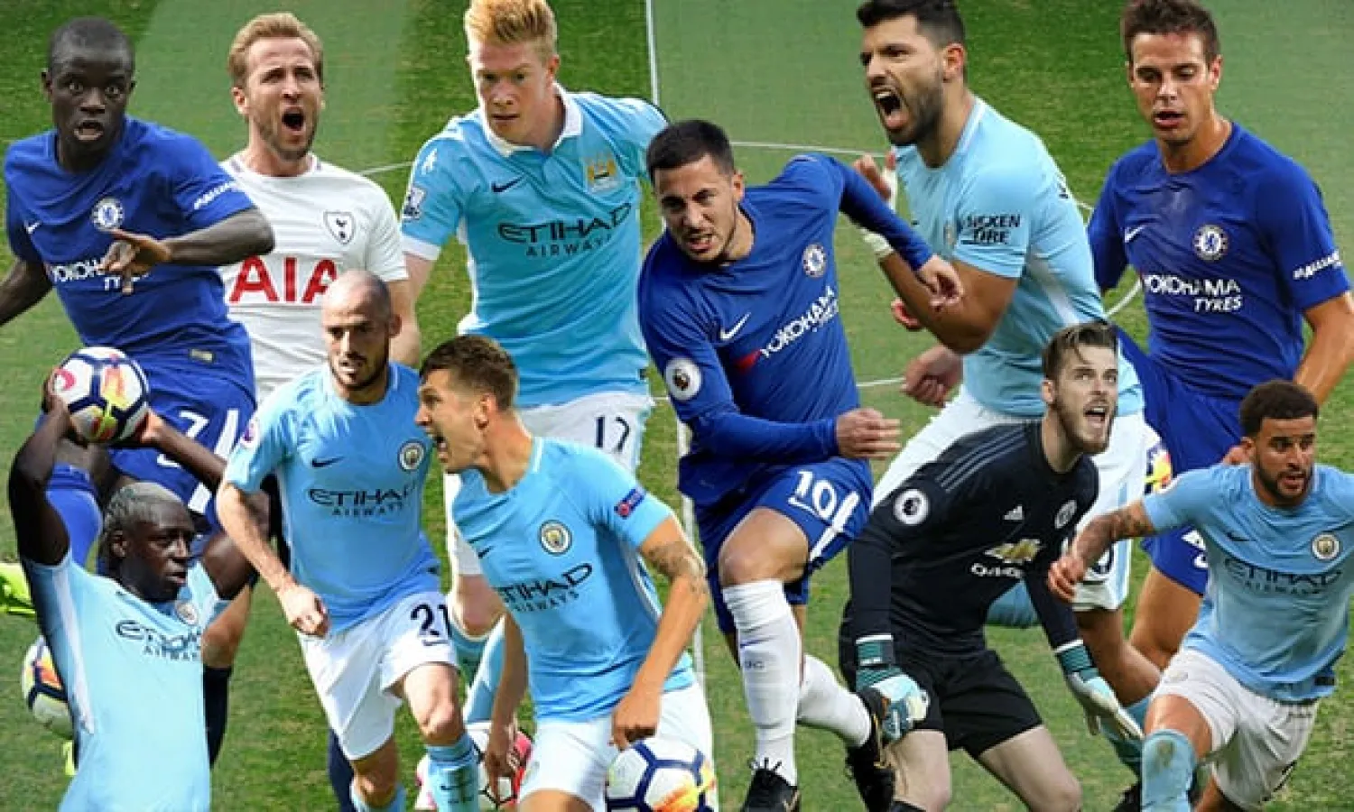  Clockwise from top left: Kanté, Kane, De Bruyne, Hazard, Agüero, Azpilicueta, Walker, De Gea, Stones, Silva and Mendy. Photograph: Getty Images Sport
 