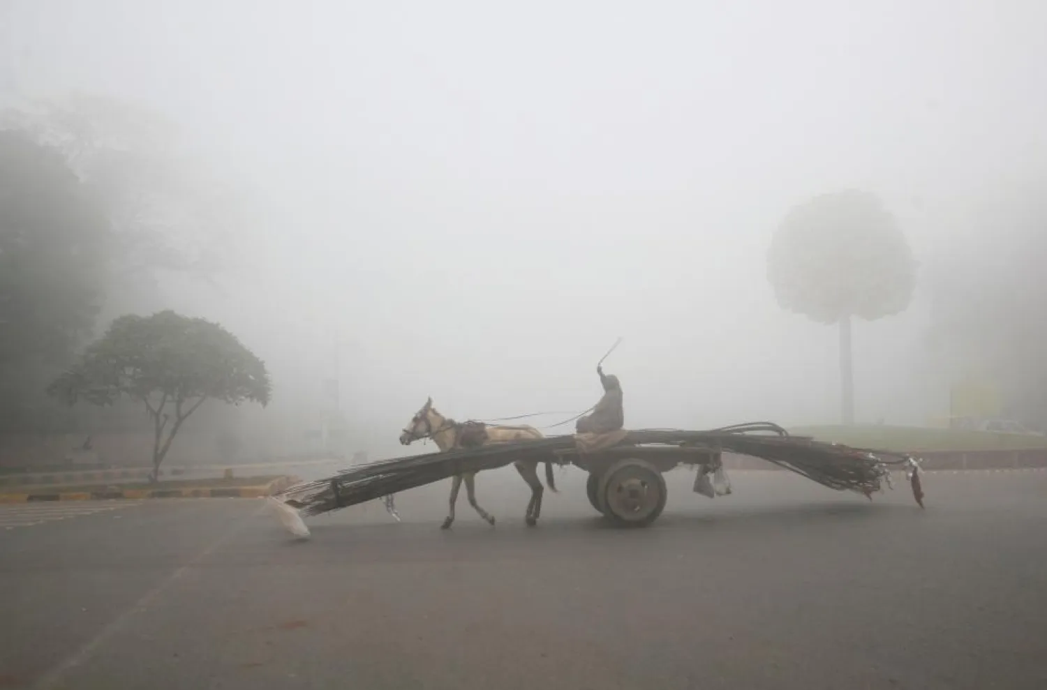 A man rides a donkey-drawn cart supplying steel rods on a smoggy morning in Lahore, Pakistan November 10, 2017. (Reuters)