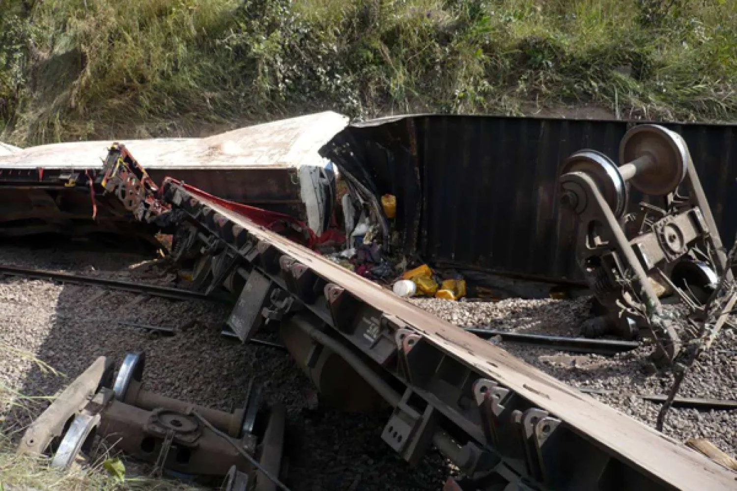 This picture taken on April 22, 2014 shows derailed wagons after a train sped off the rails 65km north of Kamina, in the southern province of Katanga, Democratic Republic of Congo. PHOTO | FILE | NUMBI MATHYS | AFP 
