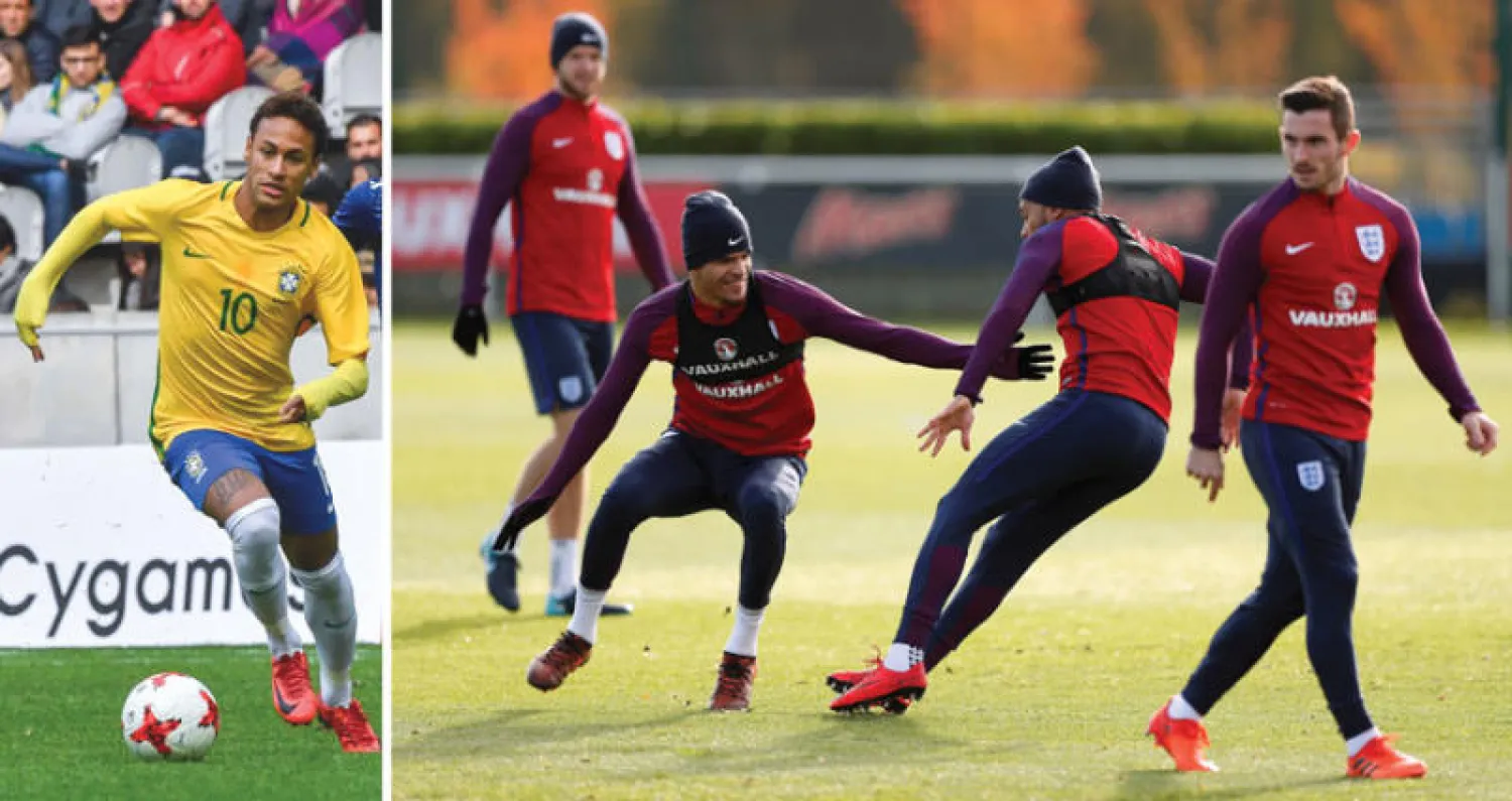 لاعبو إنجلترا خلال التدريبات أمس استعدادا للبرازيل (رويترز)  -  نجم البرازيل نيمار سيكون محط أنظار الجماهير اليوم (أ.ف.ب)