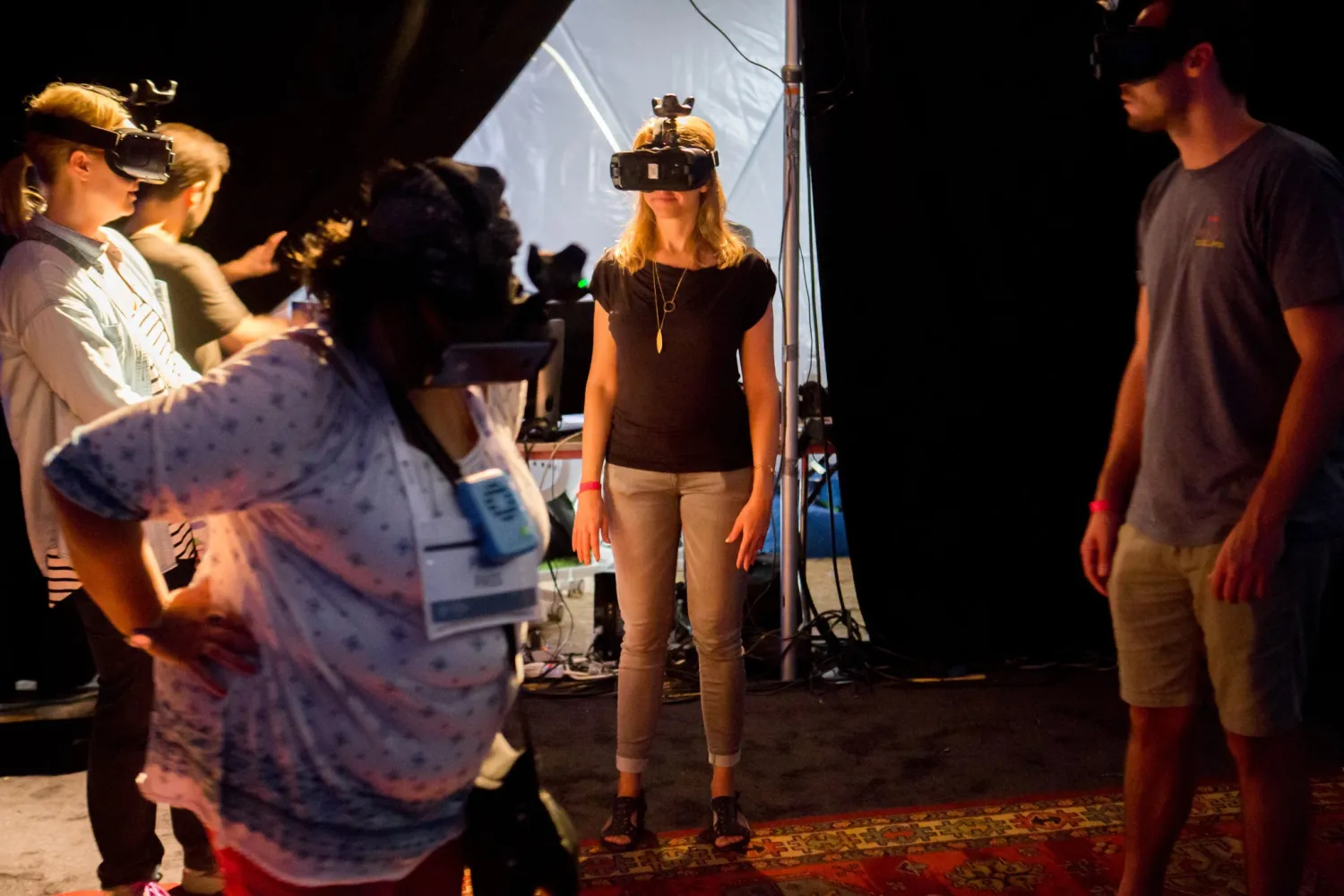 Marcelle Hopkins, deputy video editor at The Times, trying on virtual reality technology at a V.R. event this month. Credit Danny Ghitis for The New York Times