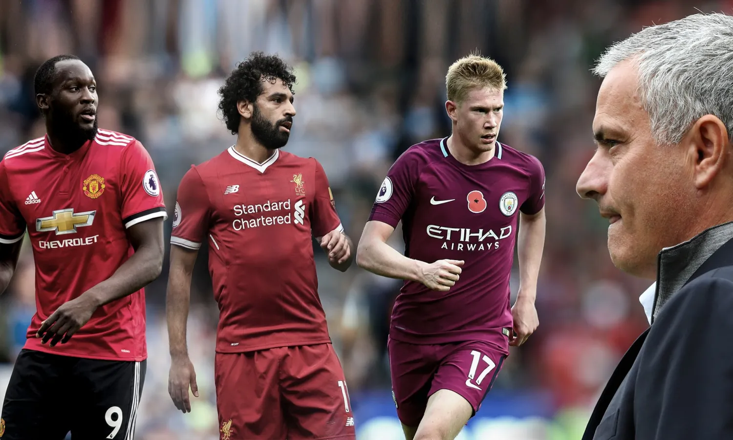  Romelu Lukaku, Mohamed Salah, Kevin De Bruyne and José Mourinho. Photographs by Getty