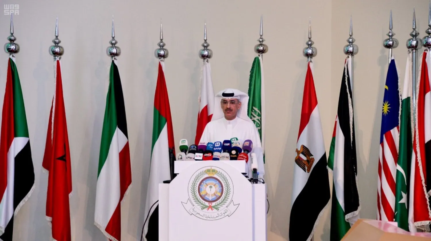 JIAT spokesman and legal advisor Mansour al-Mansour during a press conference in Riyadh. (SPA)