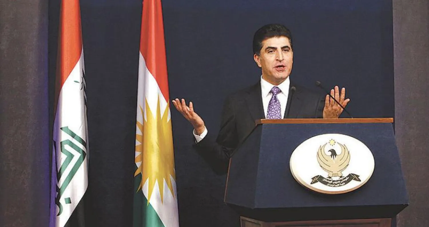 نيجيرفان بارزاني خلال مؤتمره الصحافي في أربيل أمس (رويترز)