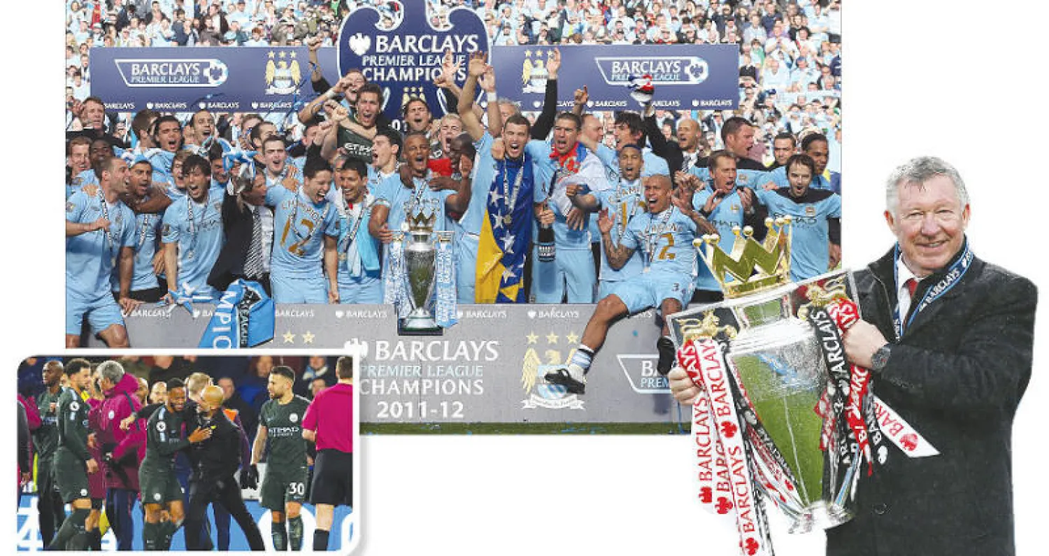 فيرغسون صنع العصر الذهبي ليونايتد  -  مانشستر سيتي يحتفل بالتتويج بلقب الدوري موسم 2012 بعد غياب 40 عاماً (أ.ب) - غوارديولا الذي صنع فريقاً مذهلاً لسيتي يحتفل مع ستيرلينغ بالفوز على هيدرسفيلد (رويترز)
