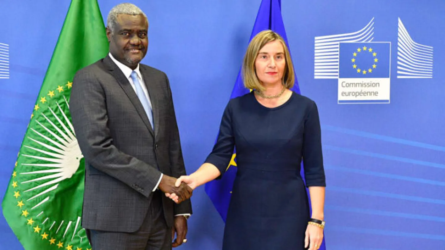 Federica Mogherini, EU high representative for foreign affairs and security policy and vice-president of the European Commission, receives Moussa Faki Mahamat, chairperson of the African Union Commission. (Photo: EU)