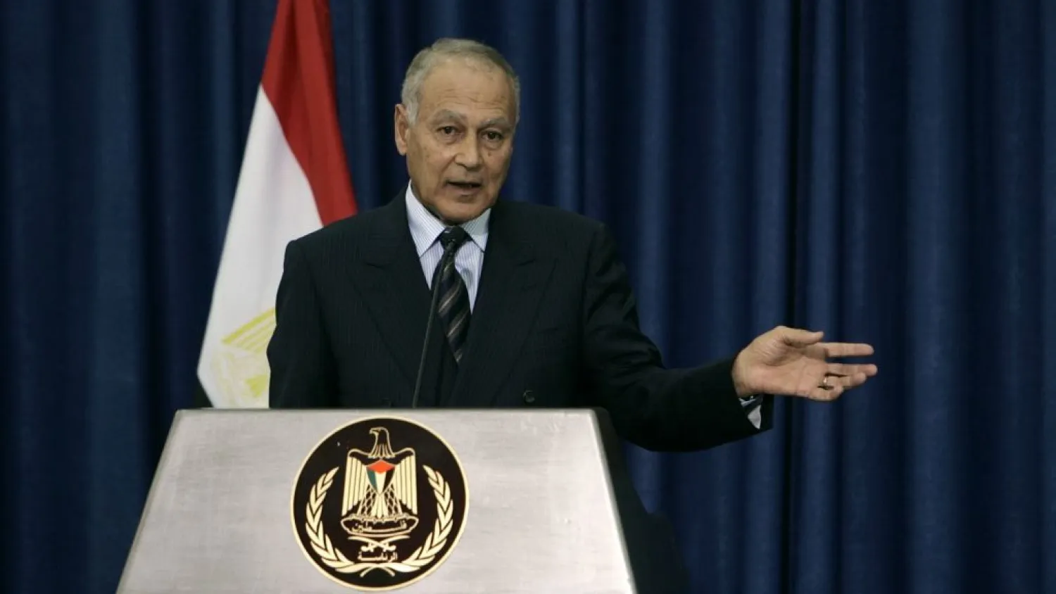 Arab League Secretary-General Ahmed Aboul Gheit speaks during a joint press conference with Palestinian President Mahmoud Abbas in the West Bank city of Ramallah on October 28, 2010. (AP Photo/Majdi Mohammed, File)