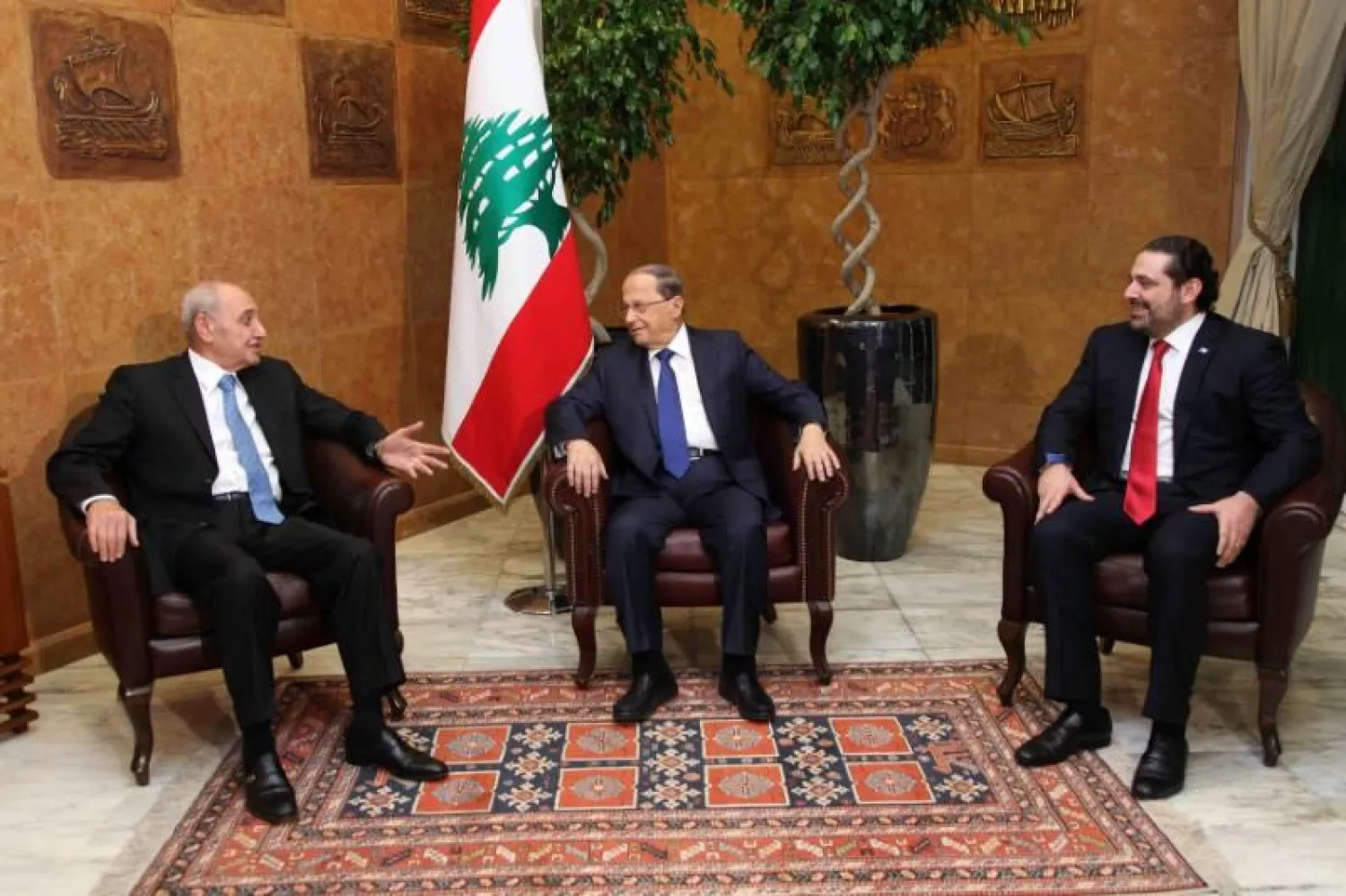 Lebanon’s President Michel Aoun (C) meets with then-Prime minister-designate Saad Hariri (R) and Parliament Speaker Nabih Berri at the presidential palace in Baabda, Lebanon December 18, 2016. Dalati Nohra/Handout via Reuters