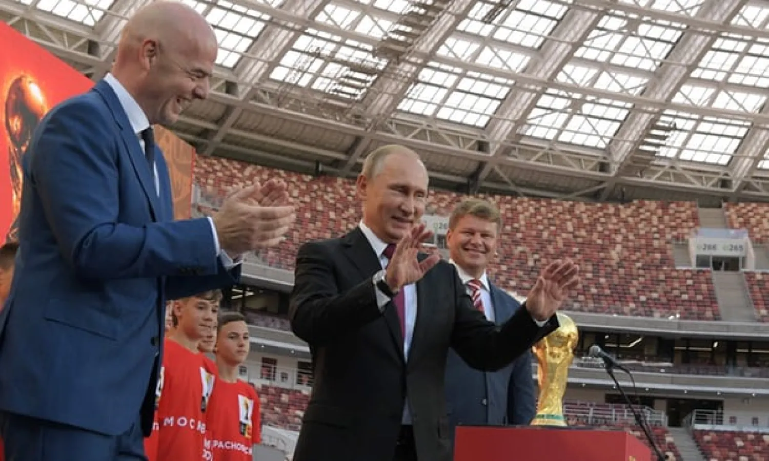  Fifa’s president Gianni Infantino, left, and the Russian president Vladimir Putin take centre stage during the opening of the World Cup’s trophy tour ceremony at Luzhniki stadium in Moscow in September. Photograph: Alexey Druzhinin/AFP/Getty Images
 