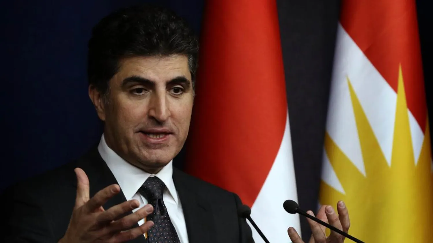 Nechirvan Barzani, prime minister of Iraq's Kurdistan Regional Government, speaks during a press conference in the northern Iraqi city of Erbil, on November 6, 2017. Safin Hamed/ AFP.