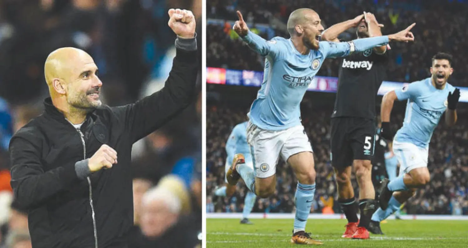 سيلفا وأغويرو وفرحة أخرى بالنصر المتأخر (أ.ف.ب)  -  غوارديولا (أ.ف.ب)