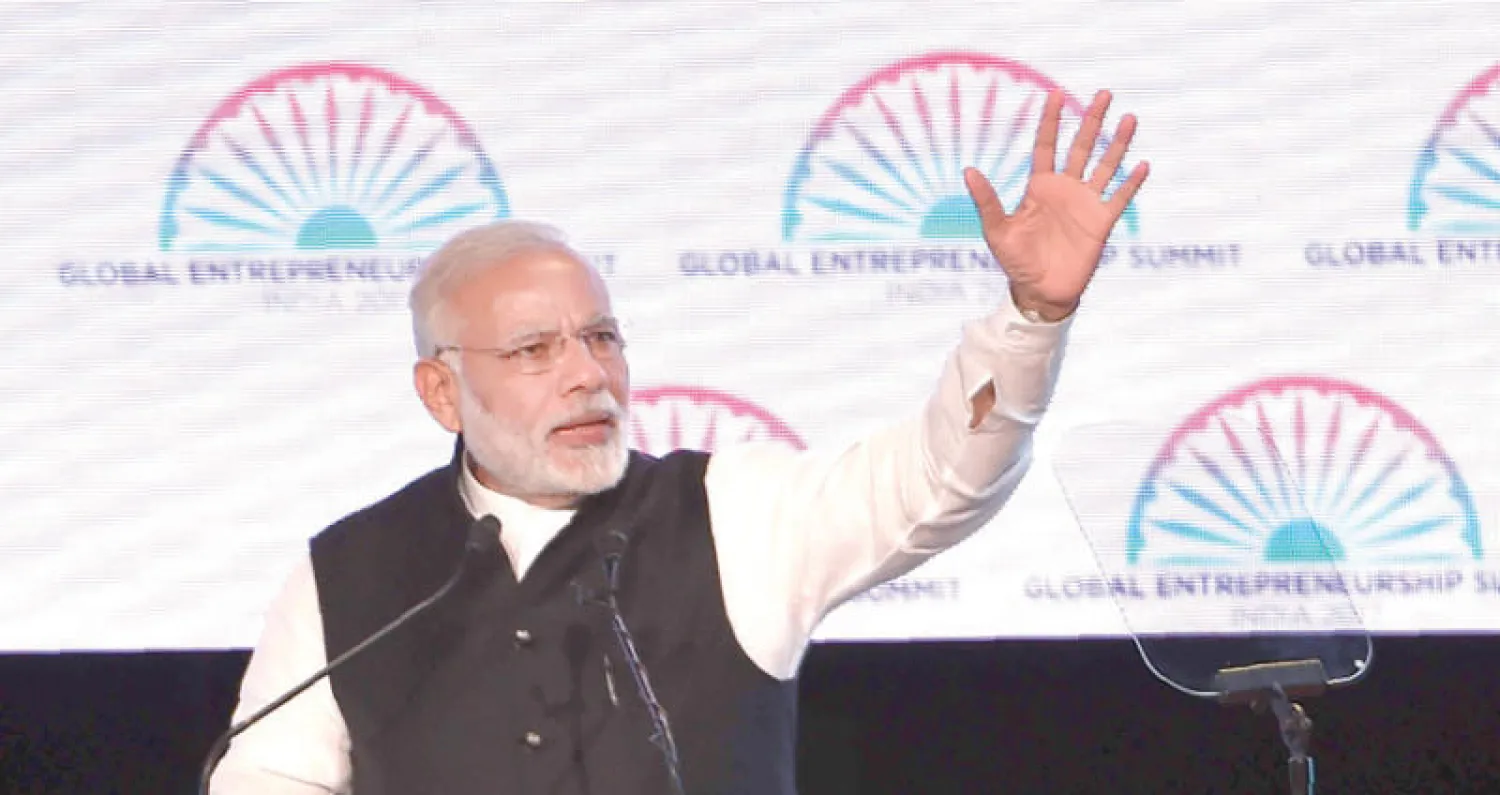 رئيس الوزراء الهندي ناريندرا مودي خلال مؤتمر في حيدر آباد حول ريادة الأعمال الشهر الماضي (أ.ف.ب)