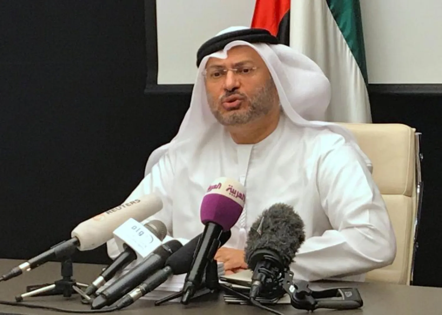 UAE Minister of State for Foreign Affairs Anwar Gargash talks during a news conference in Dubai, United Arab Emirates, June 24, 2017. REUTERS
