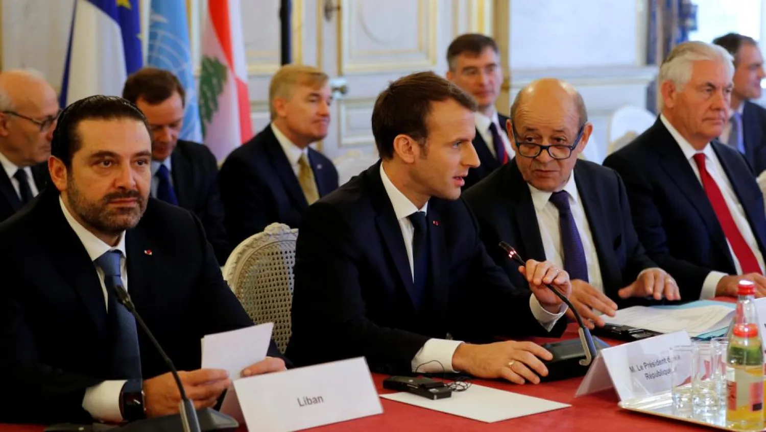  Lebanese Prime Minister Saad Hariri and French President Emmanuel Macron at the International Support Group for Lebanon meeting in Paris, France, on 8 December, 2017. (Reuters/Philippe Wojazer)


