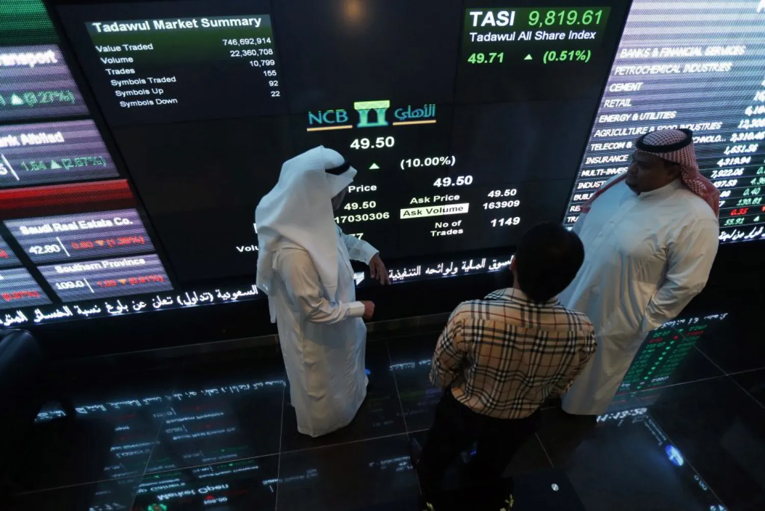 Investors monitor screens displaying stock information at the Saudi Stock Exchange in Riyadh. (Reuters)