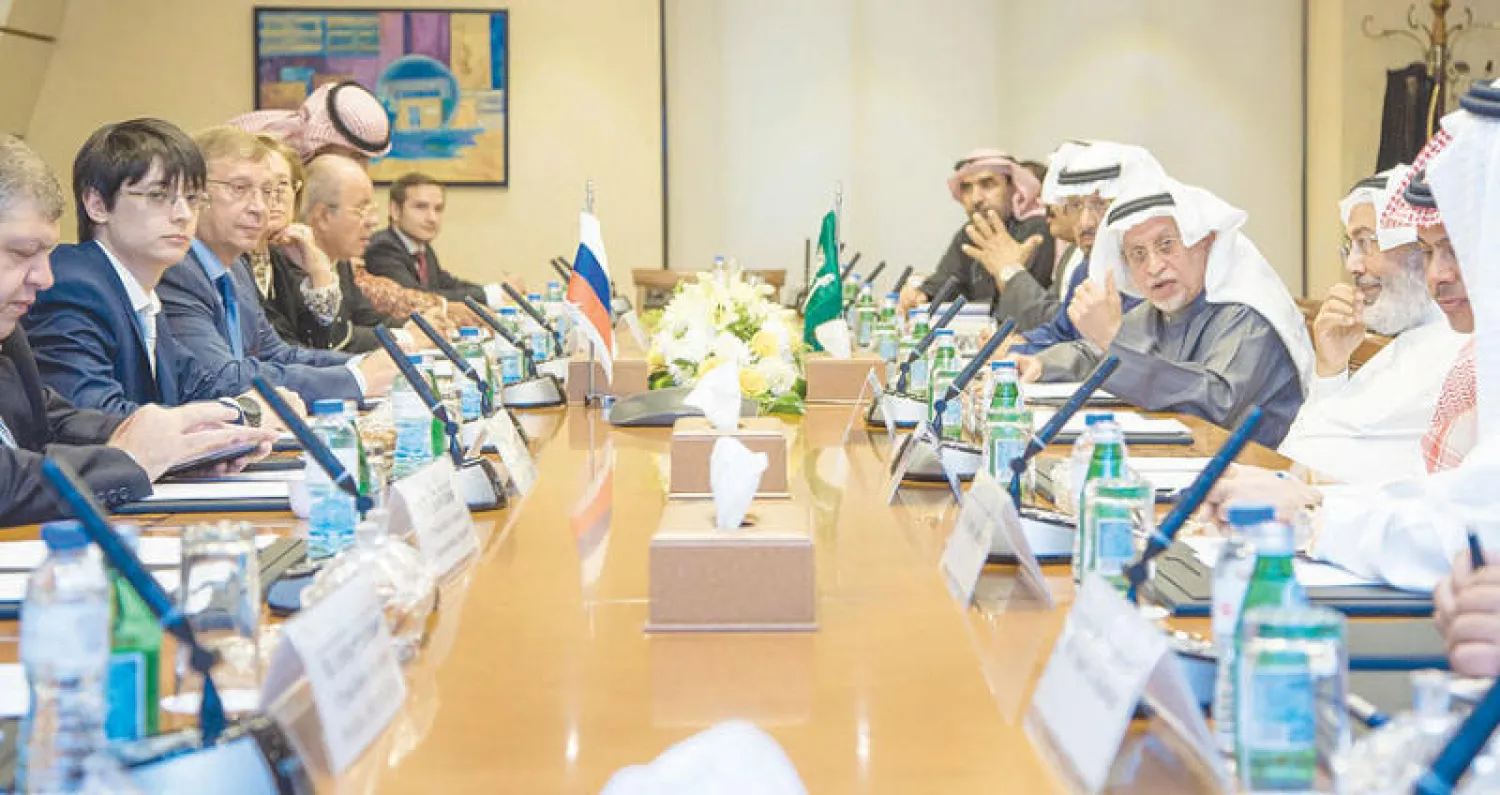 جانب من لقاء وفد الأعمال الروسي مع نظيره السعودي بمجلس الغرف السعودية («الشرق الأوسط»)