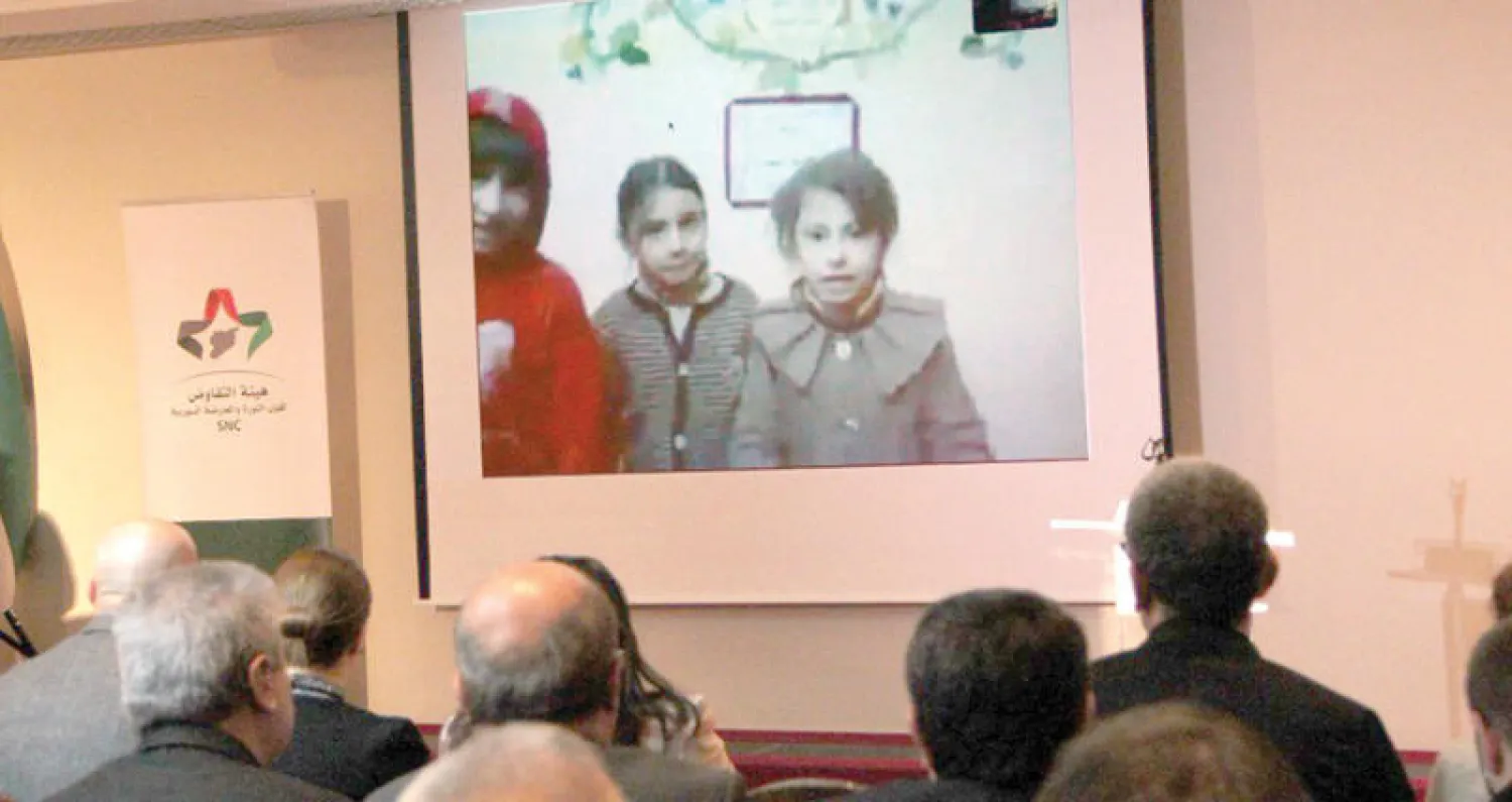 جانب من فعالية هيئة التفاوض السورية حول الكارثة الإنسانية في الغوطة الشرقية لدمشق على هامش مفاوضات جنيف («الشرق الأوسط»)