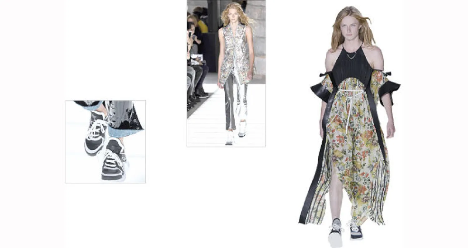 تم تنسيق الأحذية  الرياضية حتى مع  فساتين المساء والسهرة  في عرض «لويس فويتون» - أضفت الأحذية الرياضية مظهرا شبابيا في عرض «لويس فويتون» - في عرض «لويس فويتون» حصلت الأحذية الرياضية على اهتمام كبير